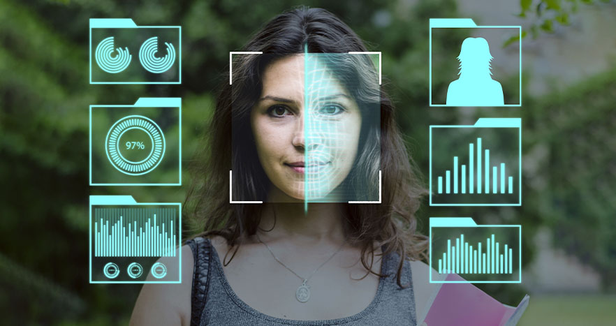 Processo de reconhecimento facial tecnológico no rosto de uma mulher, identificando dados sensíveis que são relevantes para a cibersegurança.